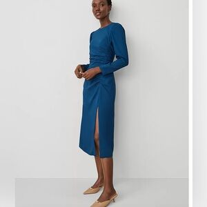 NWT Ann Taylor Ruched Midi Dress Color Sea Storm Size 8 Turquoise Flattering